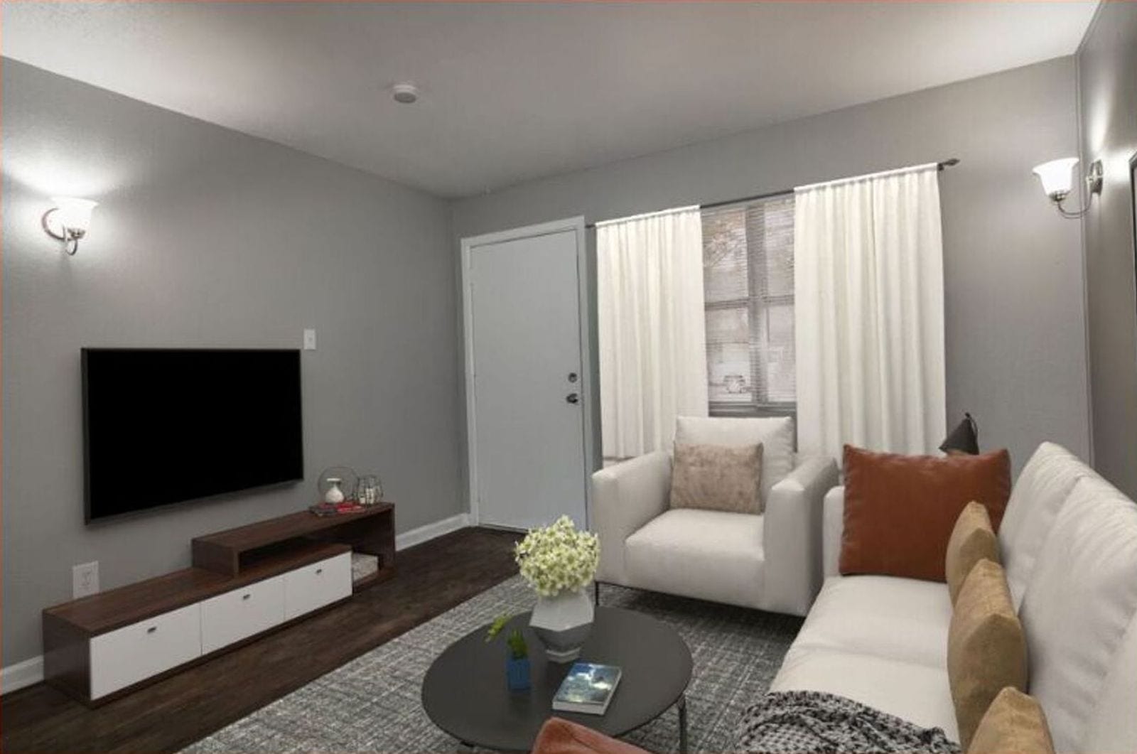 Living room, virtually staged at The Jackson