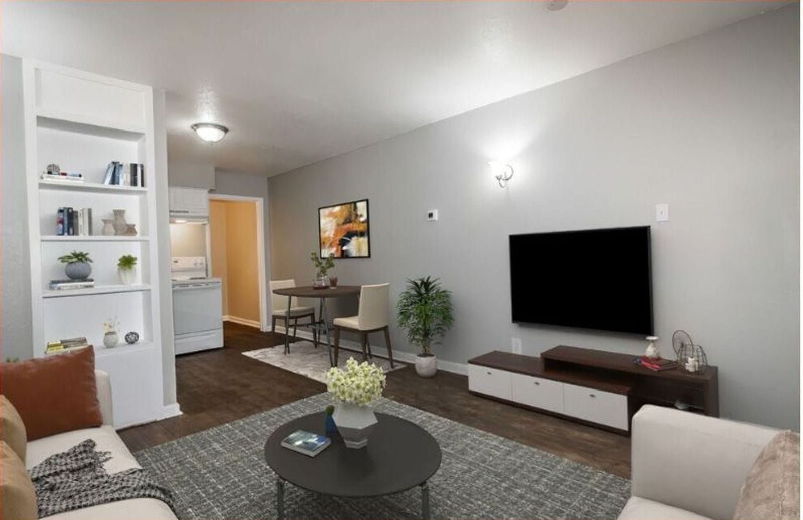 Living and dining area, virtually staged at The Jackson
